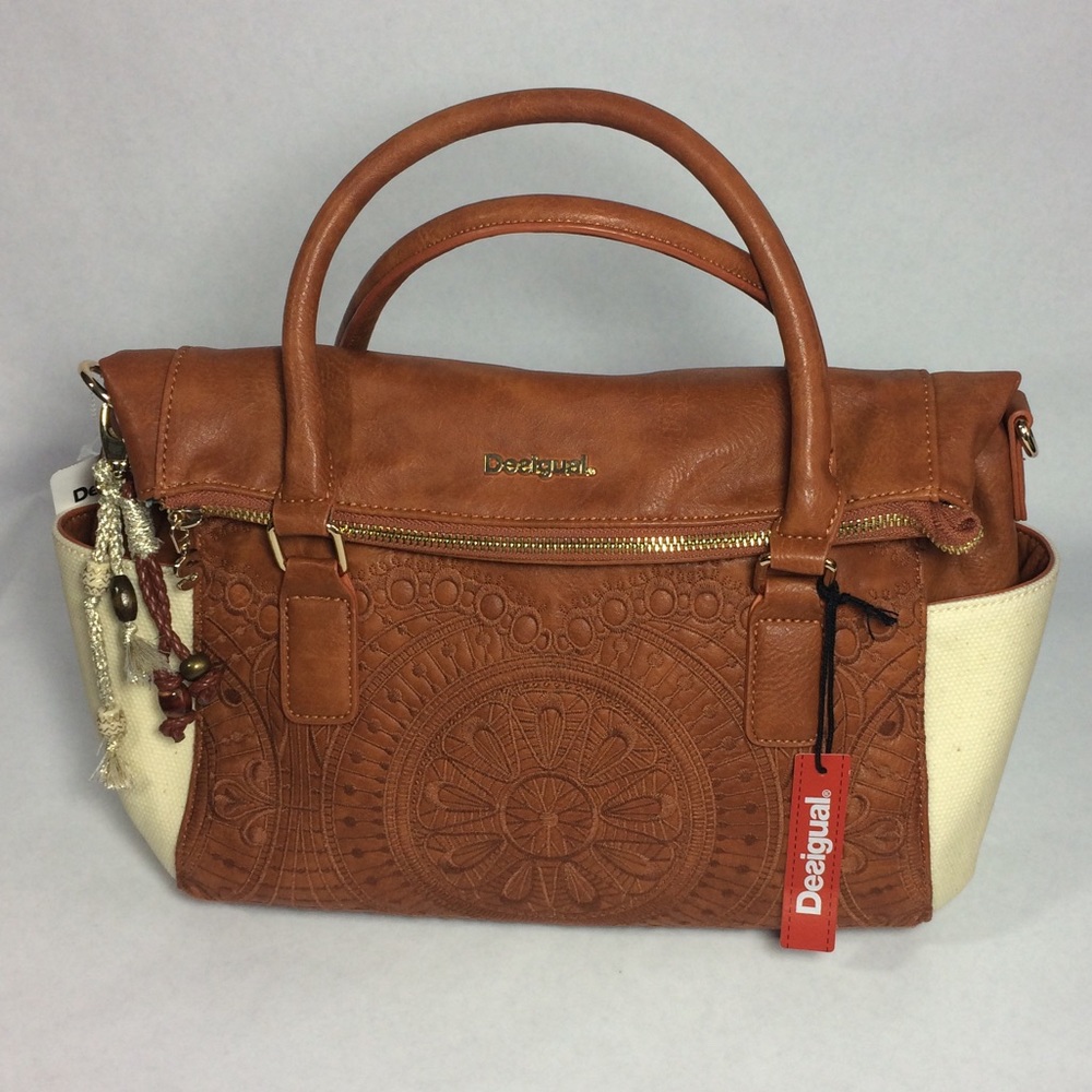 Desigual embroidery brown leather bag